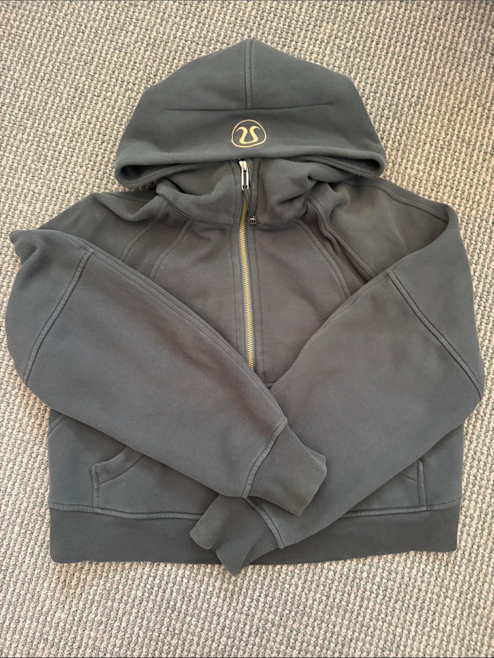 Lululemon Cropped Black Zip-Up Hooded Jacket with Gold Logo